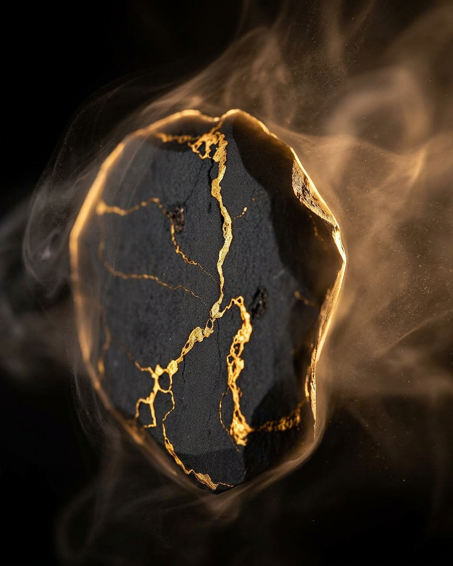 Gold-veined obsidian stone catching warm light